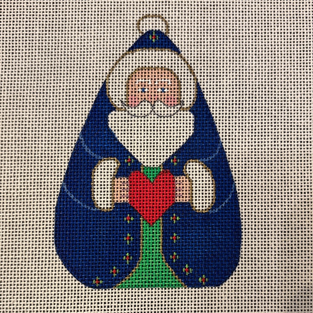 Blue Santa with Heart Handpainted Needlepoint Canvas 18 mesh Christmas ornament